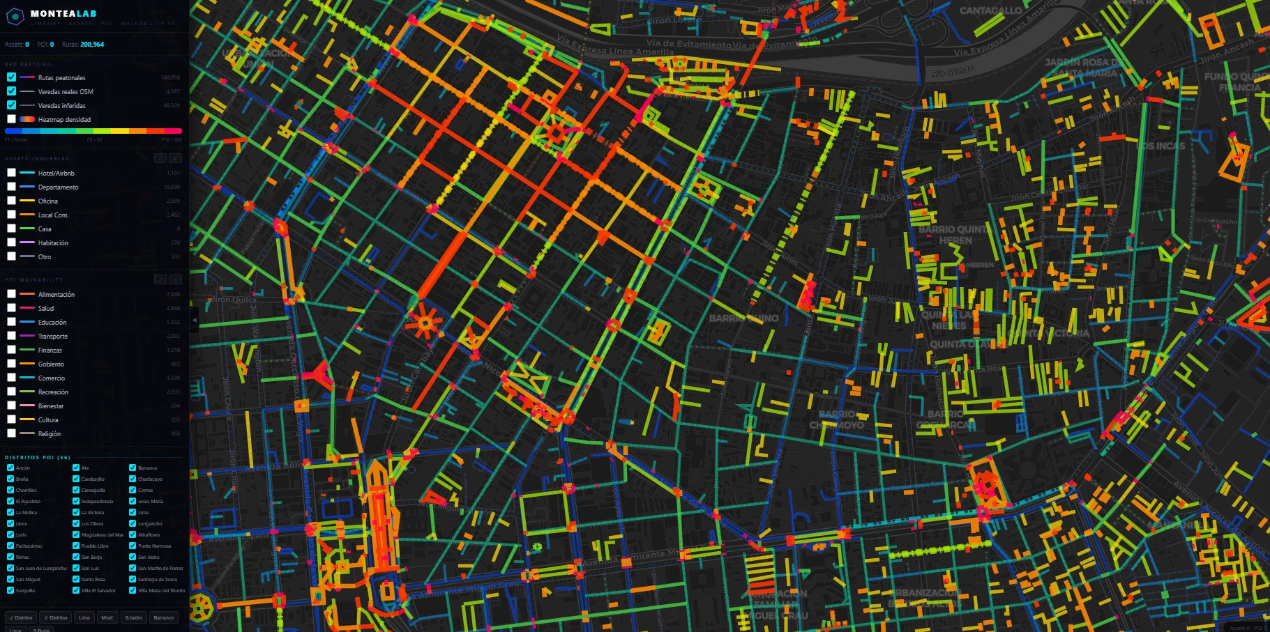 Heatmap de concentración de POI atractores — Centro Histórico de Lima — MONTEA LAB